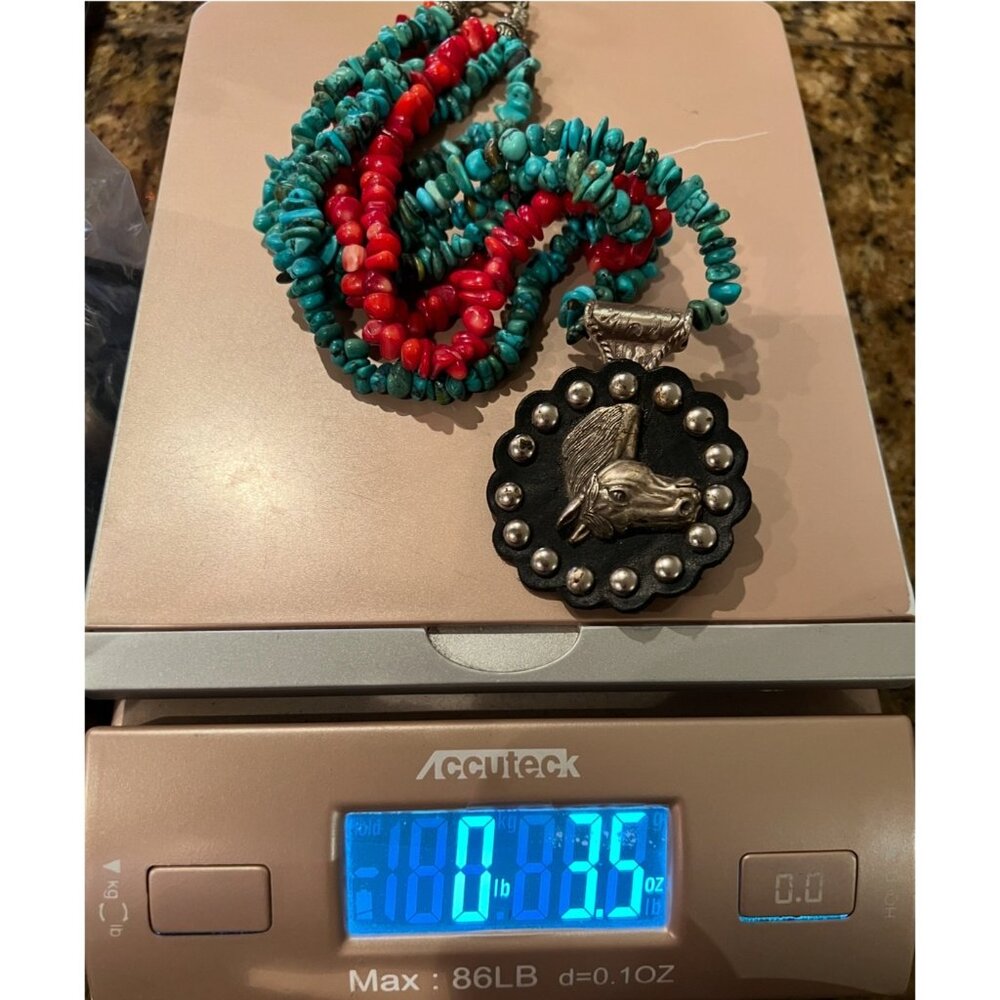 Turquoise & Vintage Coral Beaded Necklace Trigg Leather Horse Equestrian pendant - Picture 12 of 12